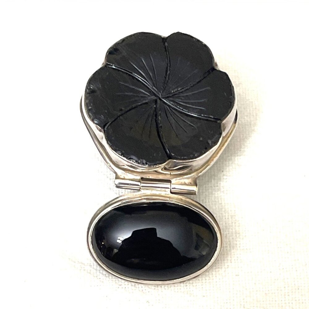Onyx & Silver Pendant Flower & Oval Marked 925 Artsy Statement